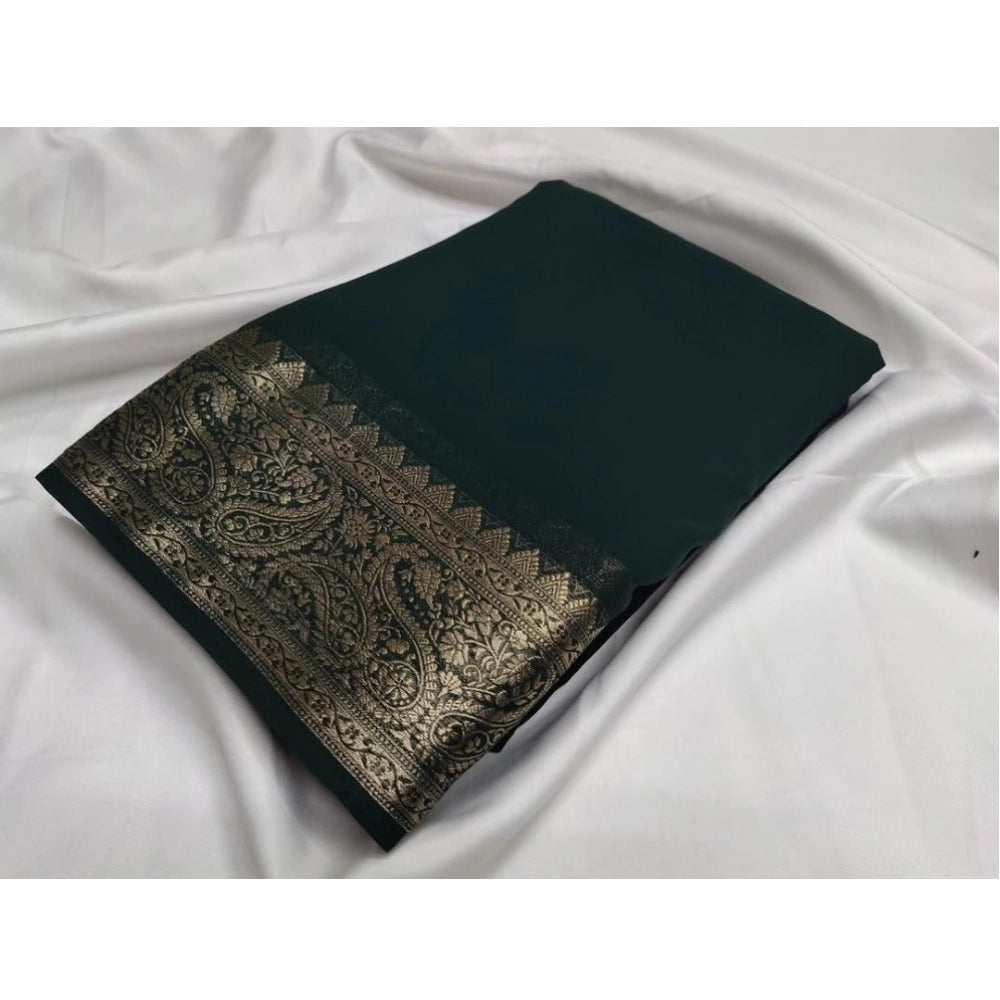 Women's Crepe Chit Pallu Solid Saree With Unstitched Blouse 5.5Mtr  (Bottle Green)