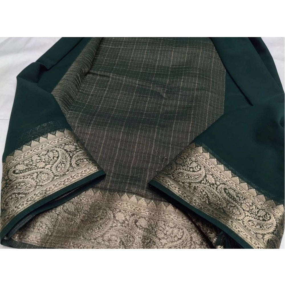 Women's Crepe Chit Pallu Solid Saree With Unstitched Blouse 5.5Mtr  (Bottle Green)