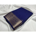 Women's Crepe Chit Pallu Solid Saree With Unstitched Blouse 5.5Mtr  (Blue)