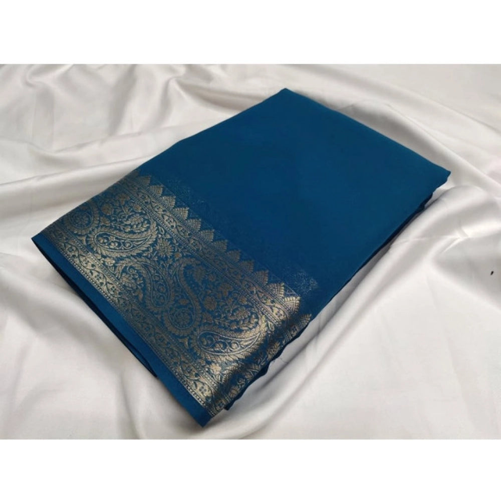 Women's Crepe Chit Pallu Solid Saree With Unstitched Blouse 5.5Mtr  (Sea-Green)