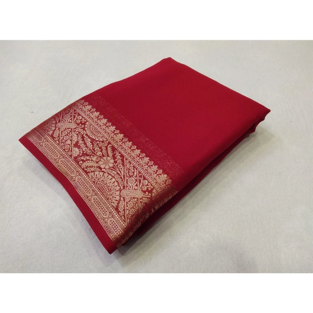 Women's Crepe Chit Pallu Solid Saree With Unstitched Blouse 5.5Mtr  (Red)
