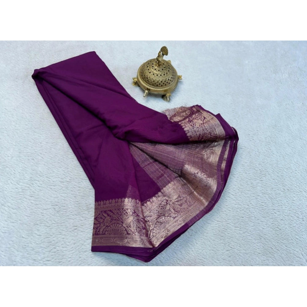 Women's Crepe Chit Pallu Solid Saree With Unstitched Blouse 5.5Mtr  (Purple)