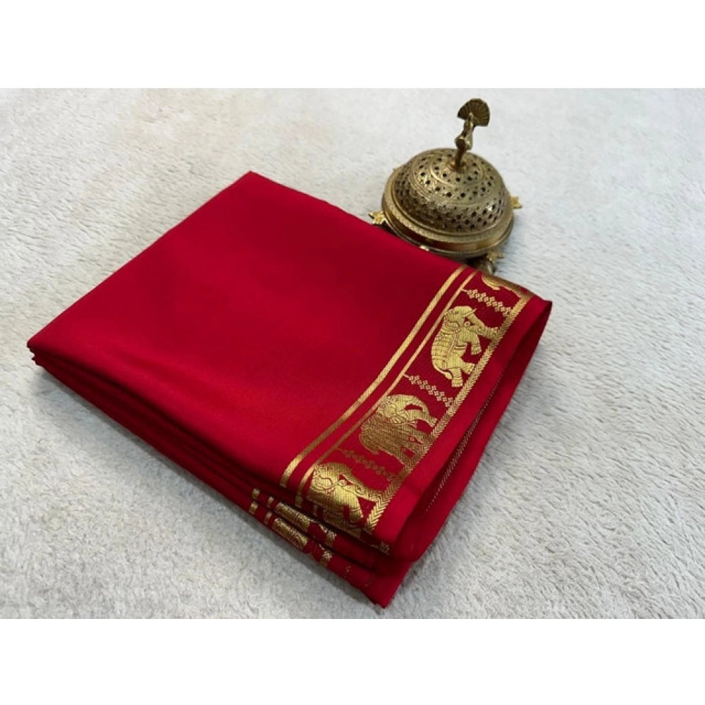 Women's Crepe Chit Pallu Solid Saree With Unstitched Blouse 5.5Mtr  (Red)
