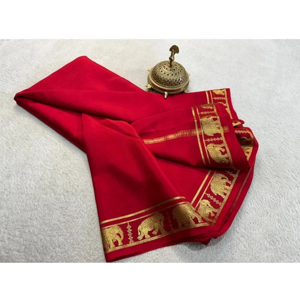 Women's Crepe Chit Pallu Solid Saree With Unstitched Blouse 5.5Mtr  (Red)