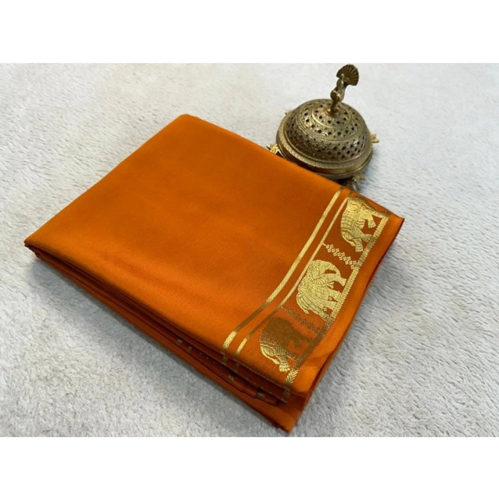 Women's Crepe Chit Pallu Solid Saree With Unstitched Blouse 5.5Mtr  (Orange)