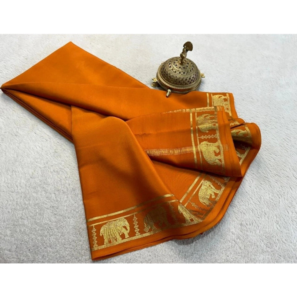 Women's Crepe Chit Pallu Solid Saree With Unstitched Blouse 5.5Mtr  (Orange)