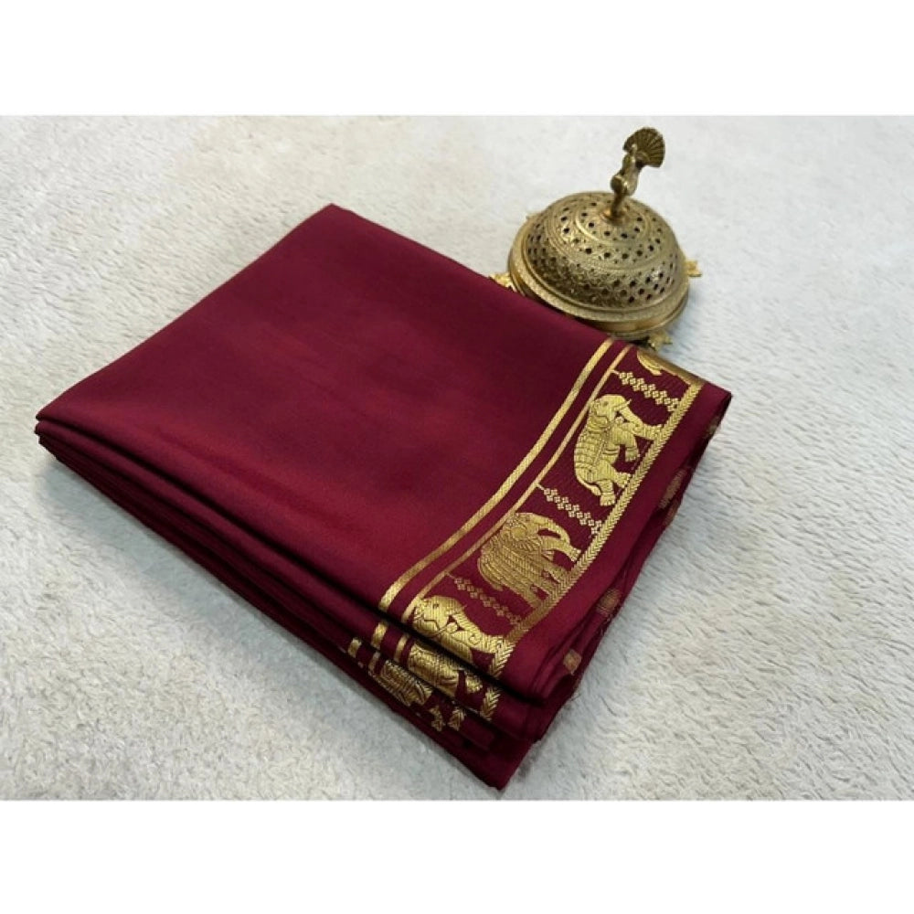 Women's Crepe Chit Pallu Solid Saree With Unstitched Blouse 5.5Mtr  (Maroon)