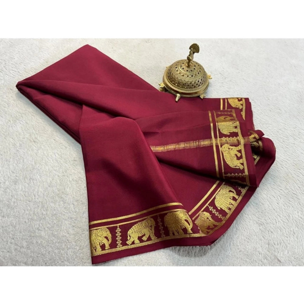 Women's Crepe Chit Pallu Solid Saree With Unstitched Blouse 5.5Mtr  (Maroon)