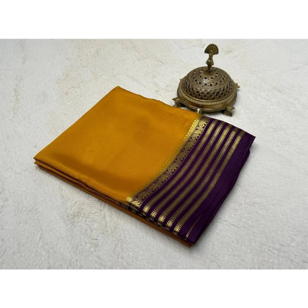 Women's Crepe Chit Pallu Solid Saree With Unstitched Blouse 5.5Mtr  (Gold)
