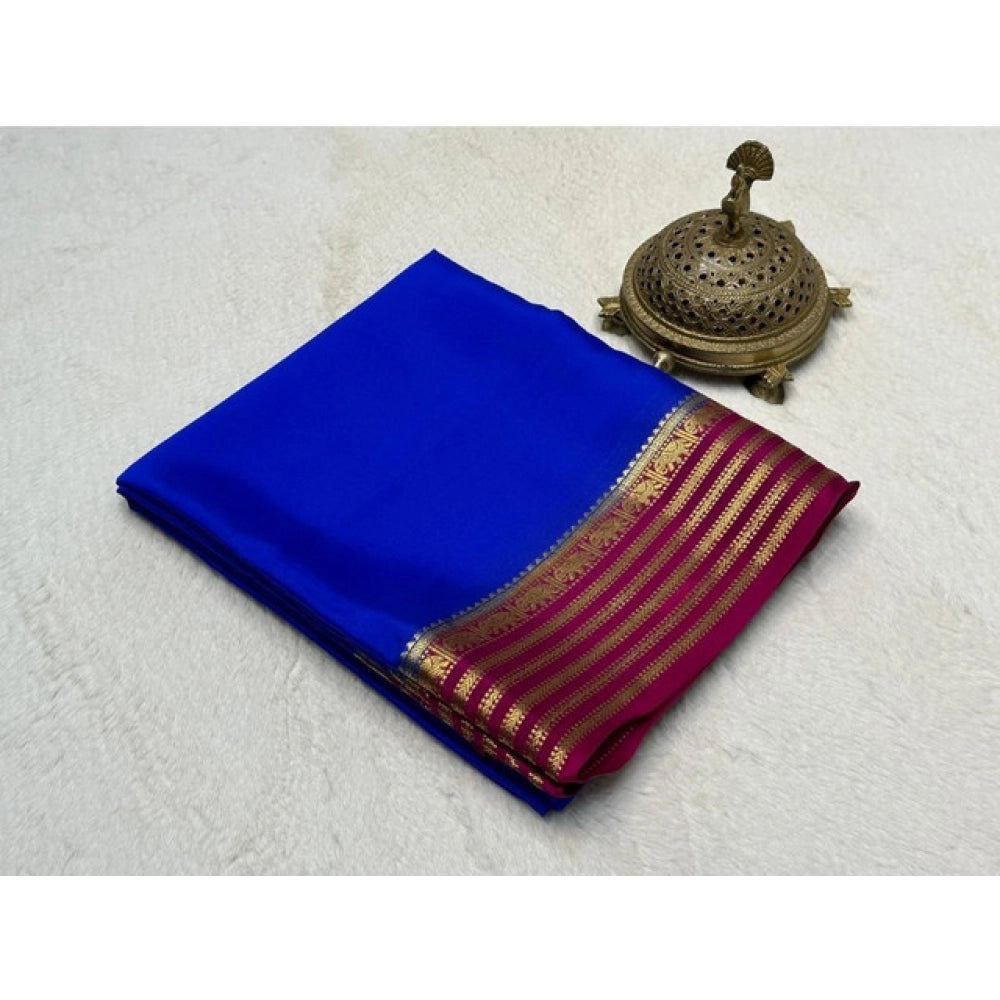 Women's Crepe Chit Pallu Solid Saree With Unstitched Blouse 5.5Mtr  (Navy Blue)
