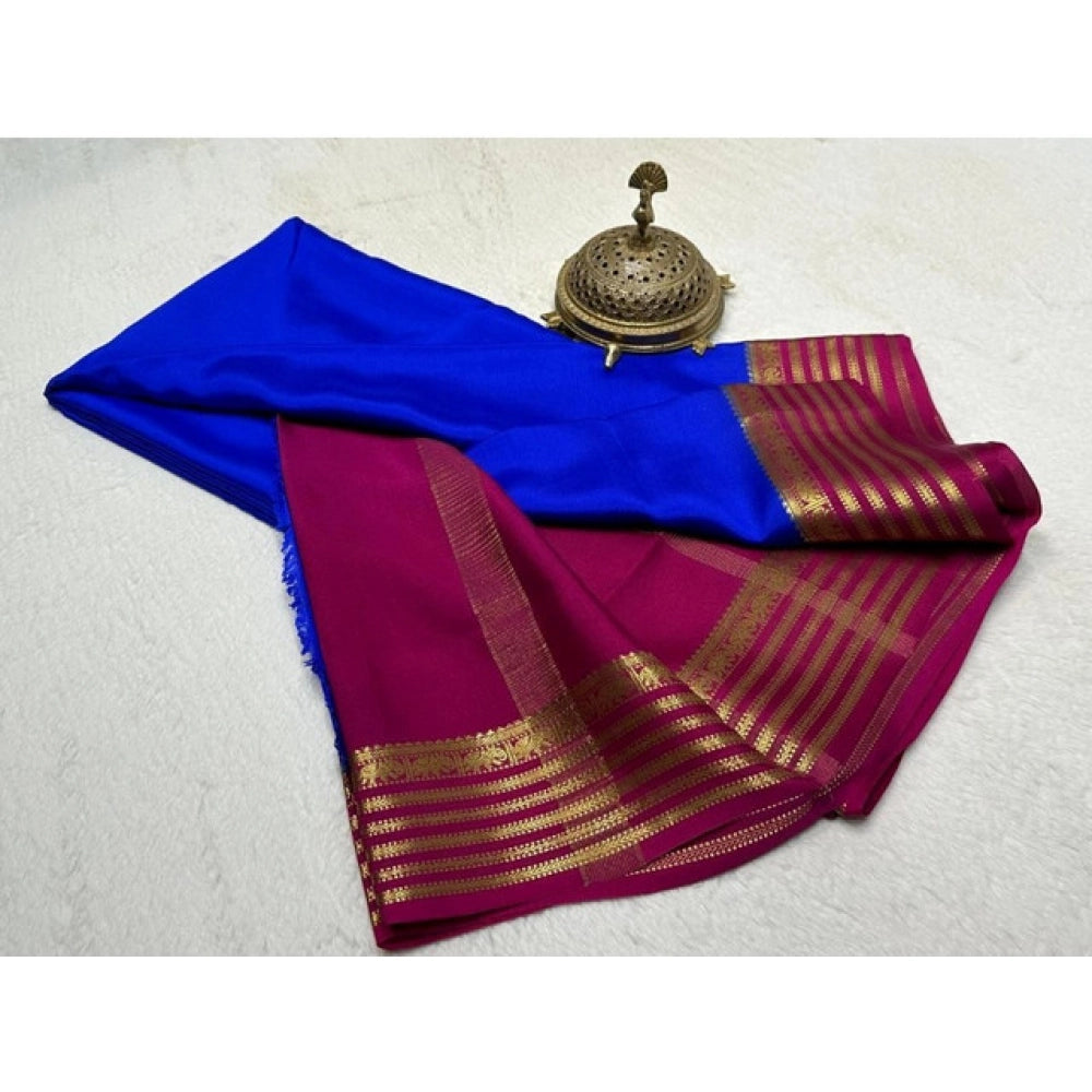 Women's Crepe Chit Pallu Solid Saree With Unstitched Blouse 5.5Mtr  (Navy Blue)