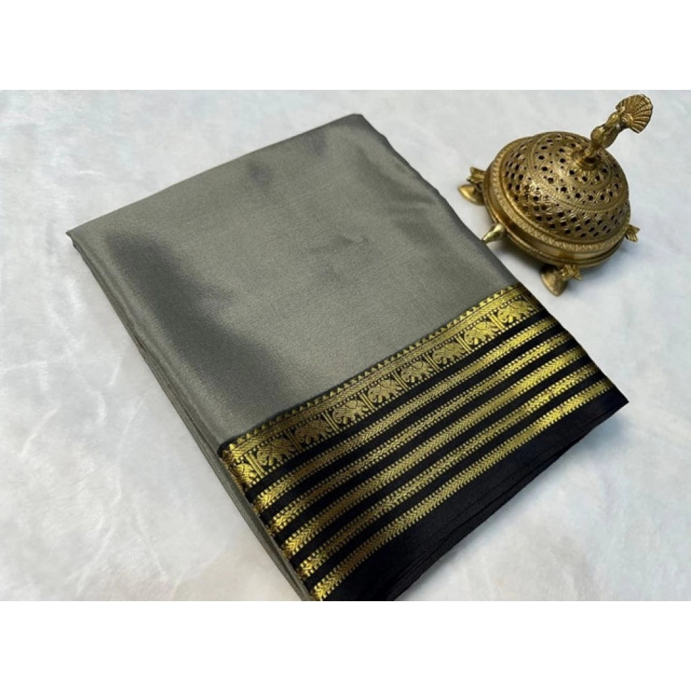 Women's Crepe Chit Pallu Solid Saree With Unstitched Blouse 5.5Mtr  (Gray)