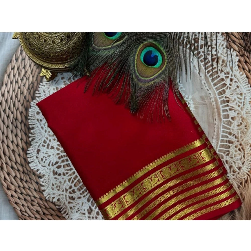 Women's Crepe Chit Pallu Solid Saree With Unstitched Blouse 5.5Mtr  (Red)