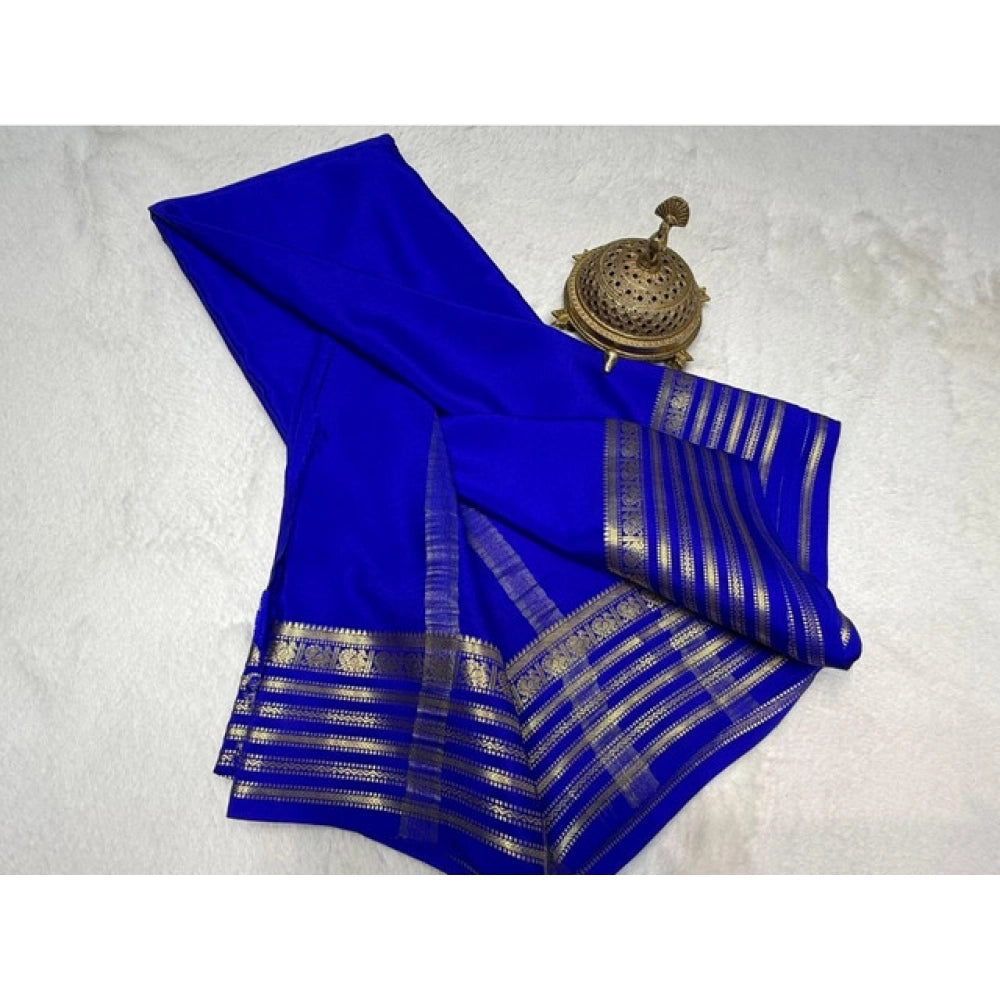Women's Crepe Chit Pallu Solid Saree With Unstitched Blouse 5.5Mtr  (Blue)