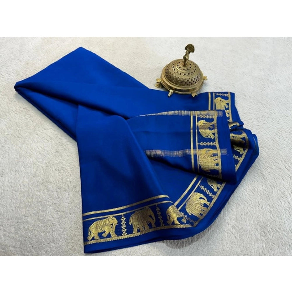 Women's Crepe Chit Pallu Solid Saree With Unstitched Blouse 5.5Mtr  (Navy Blue)