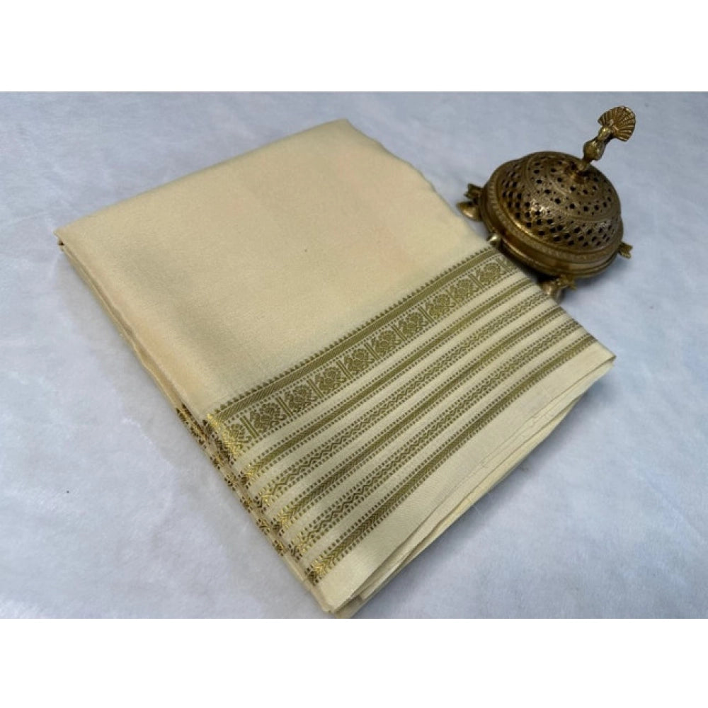 Women's Crepe Chit Pallu Solid Saree With Unstitched Blouse 5.5Mtr  (Beige)