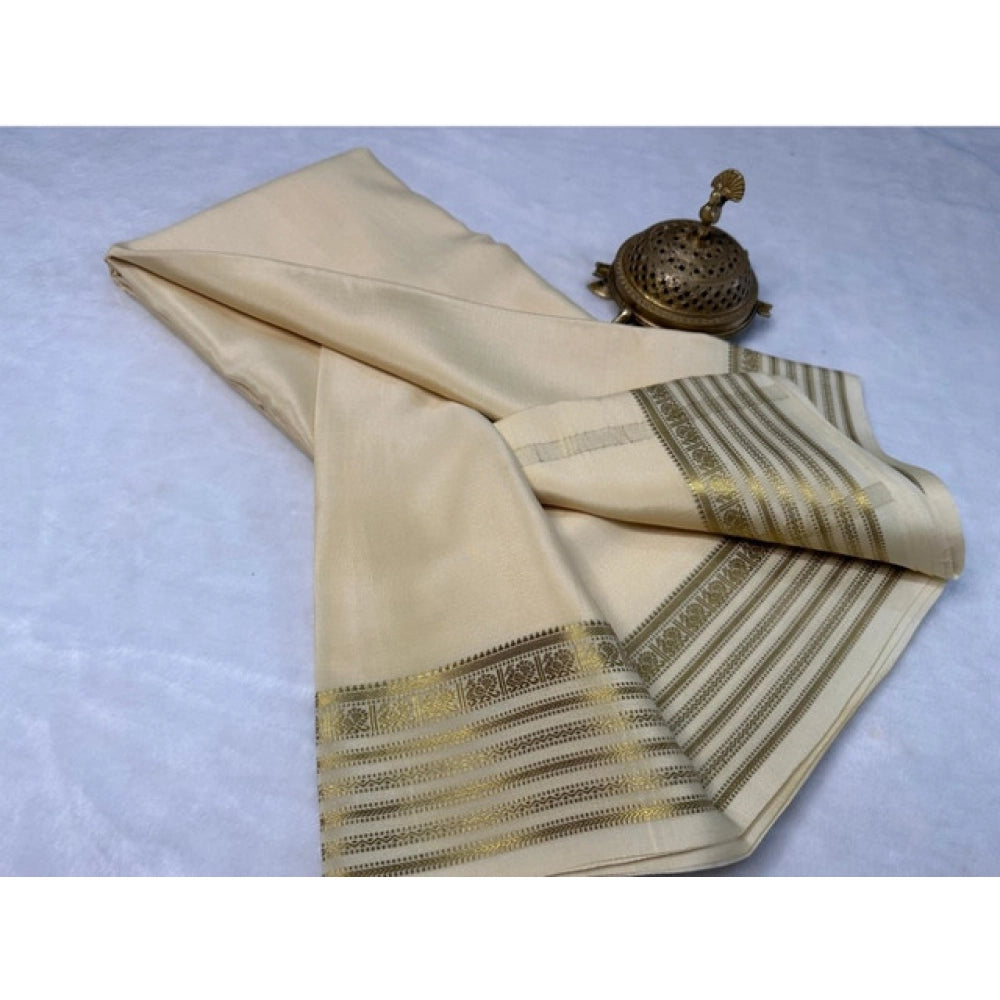 Women's Crepe Chit Pallu Solid Saree With Unstitched Blouse 5.5Mtr  (Beige)