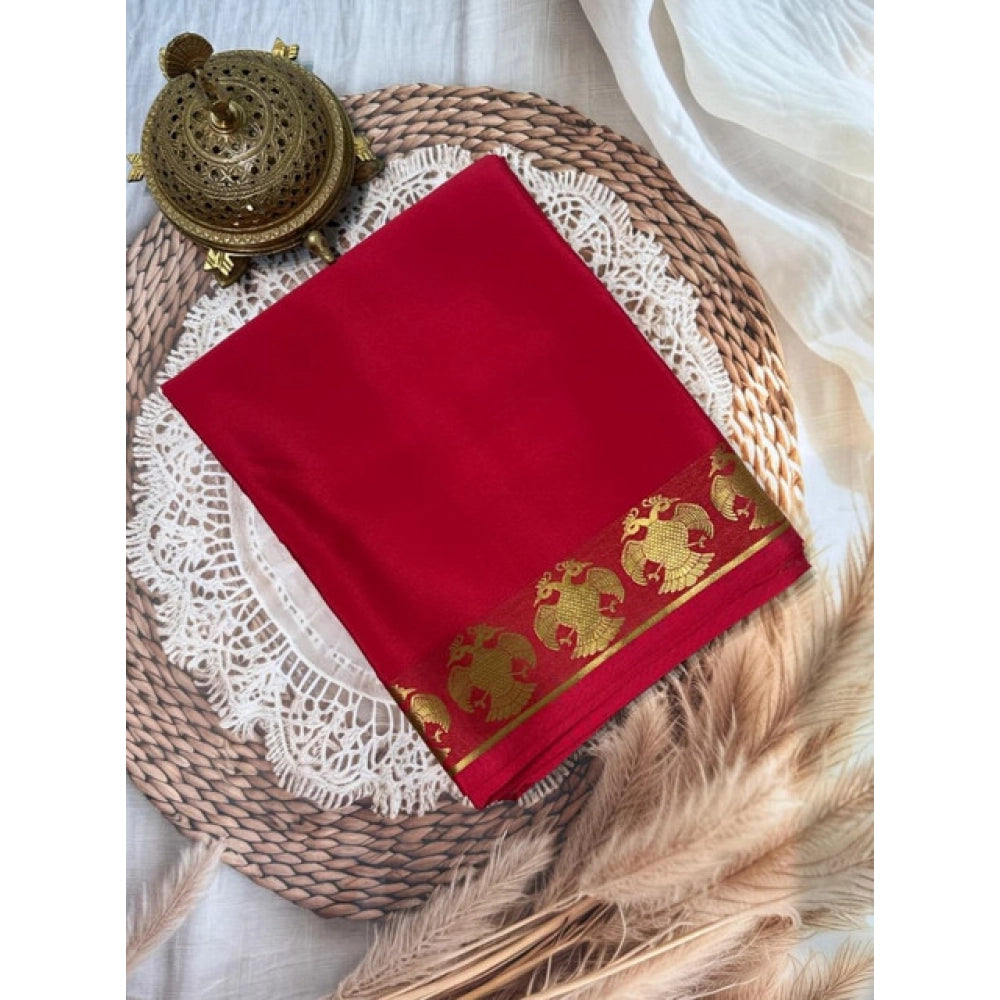 Women's Crepe Chit Pallu Solid Saree With Unstitched Blouse 5.5Mtr  (Red)