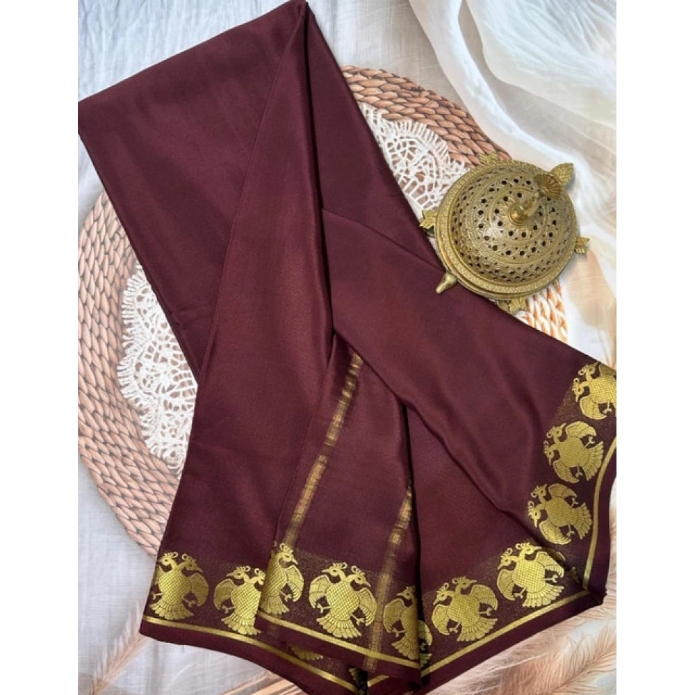 Women's Crepe Chit Pallu Solid Saree With Unstitched Blouse 5.5Mtr  (Brown)