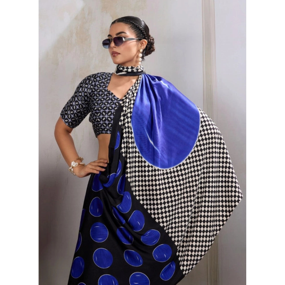 Women's Satin Crepe Printed Saree With Unstitched Blouse 5.5Mtr (Blue)
