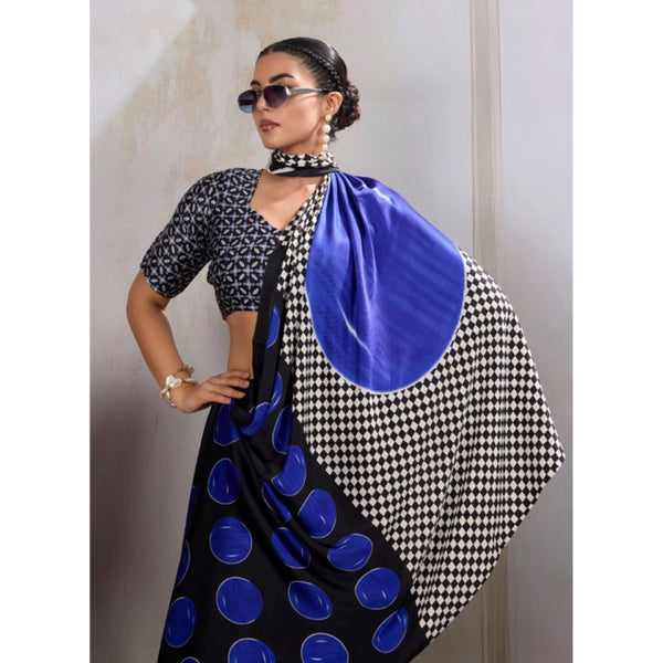Women's Satin Crepe Printed Saree With Unstitched Blouse 5.5Mtr (Blue)