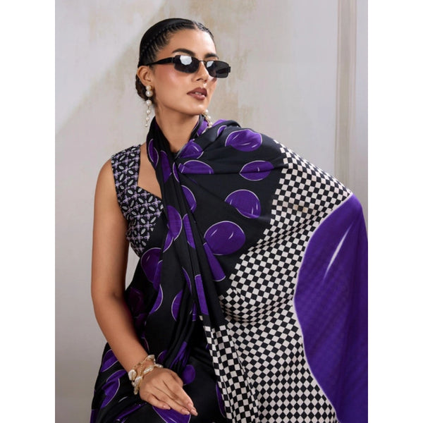 Women's Satin Crepe Printed Saree With Unstitched Blouse 5.5Mtr (Purple)