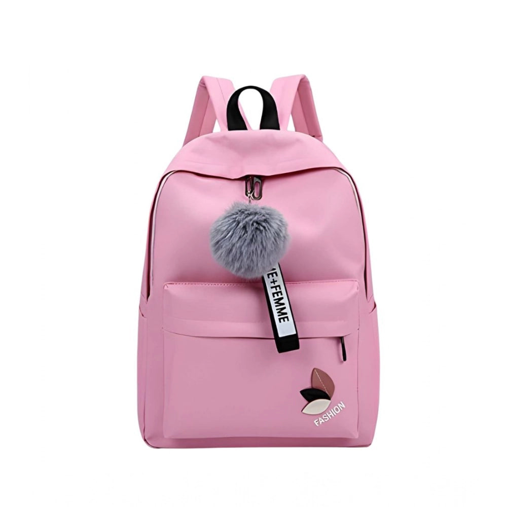 Unisex PU Leather Solid Medium Zipper Backpack (Pink)