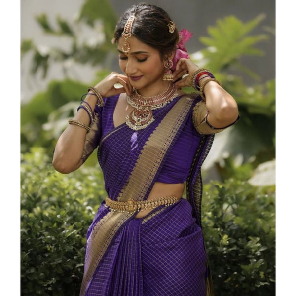 Women's Banarasi Silk Printed Saree With Unstitched Blouse 5.5Mtr (Purple)