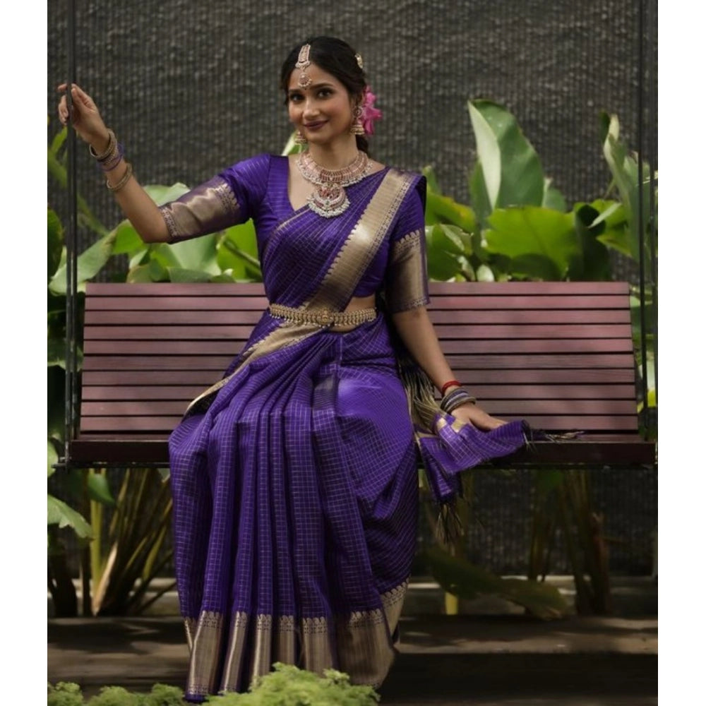 Women's Banarasi Silk Printed Saree With Unstitched Blouse 5.5Mtr (Purple)