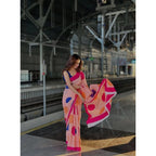 Women's Linen Printed Saree With Unstitched Blouse 5.5Mtr  (Orange)