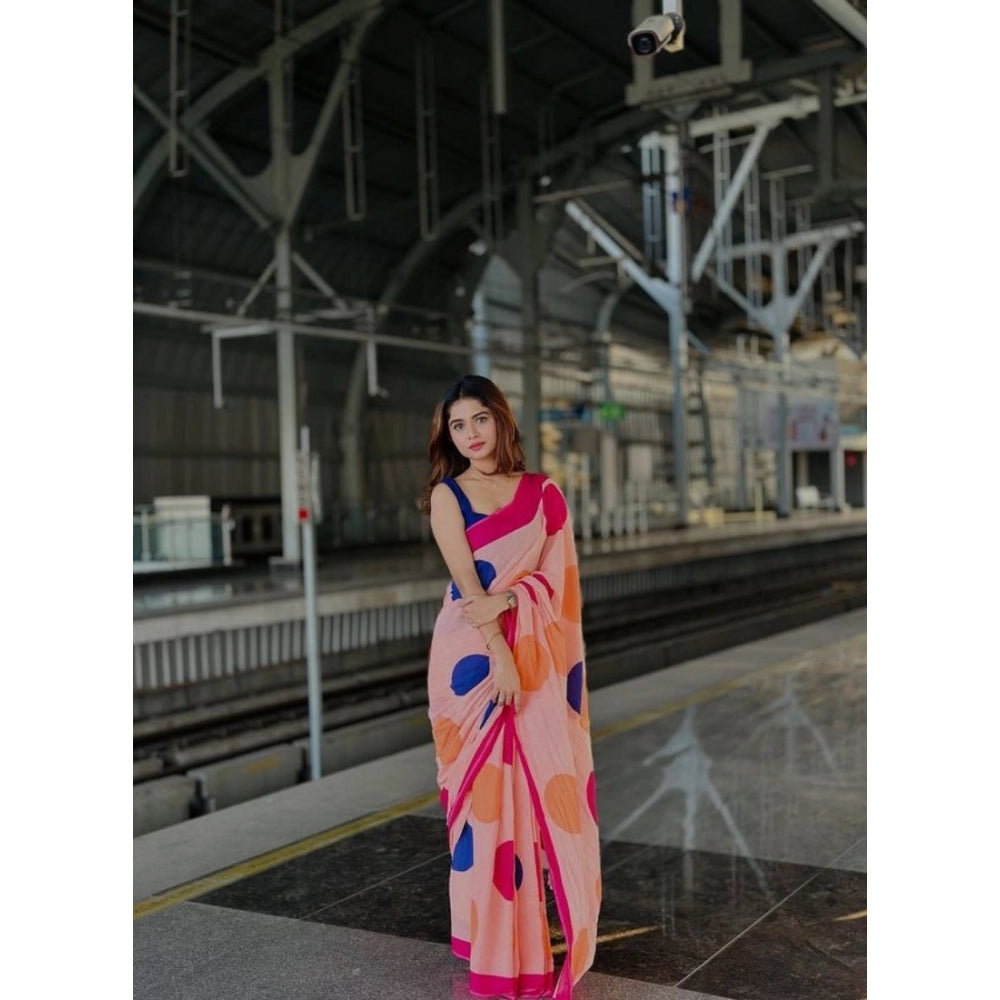 Women's Linen Printed Saree With Unstitched Blouse 5.5Mtr  (Orange)