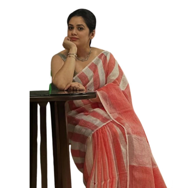 Women's Linen Printed Saree With Unstitched Blouse 5.5Mtr  (Multicolor)