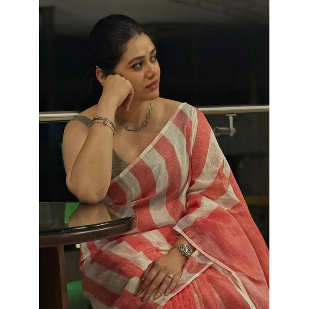 Women's Linen Printed Saree With Unstitched Blouse 5.5Mtr  (Multicolor)