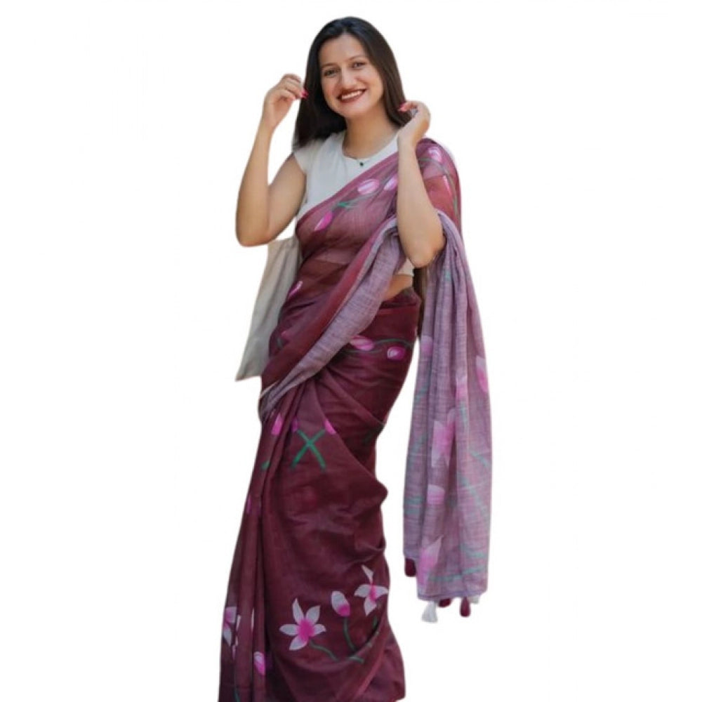 Women's Linen Printed Saree With Unstitched Blouse 5.5Mtr  (Brown)