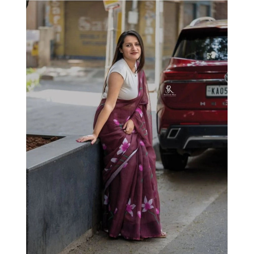 Women's Linen Printed Saree With Unstitched Blouse 5.5Mtr  (Brown)