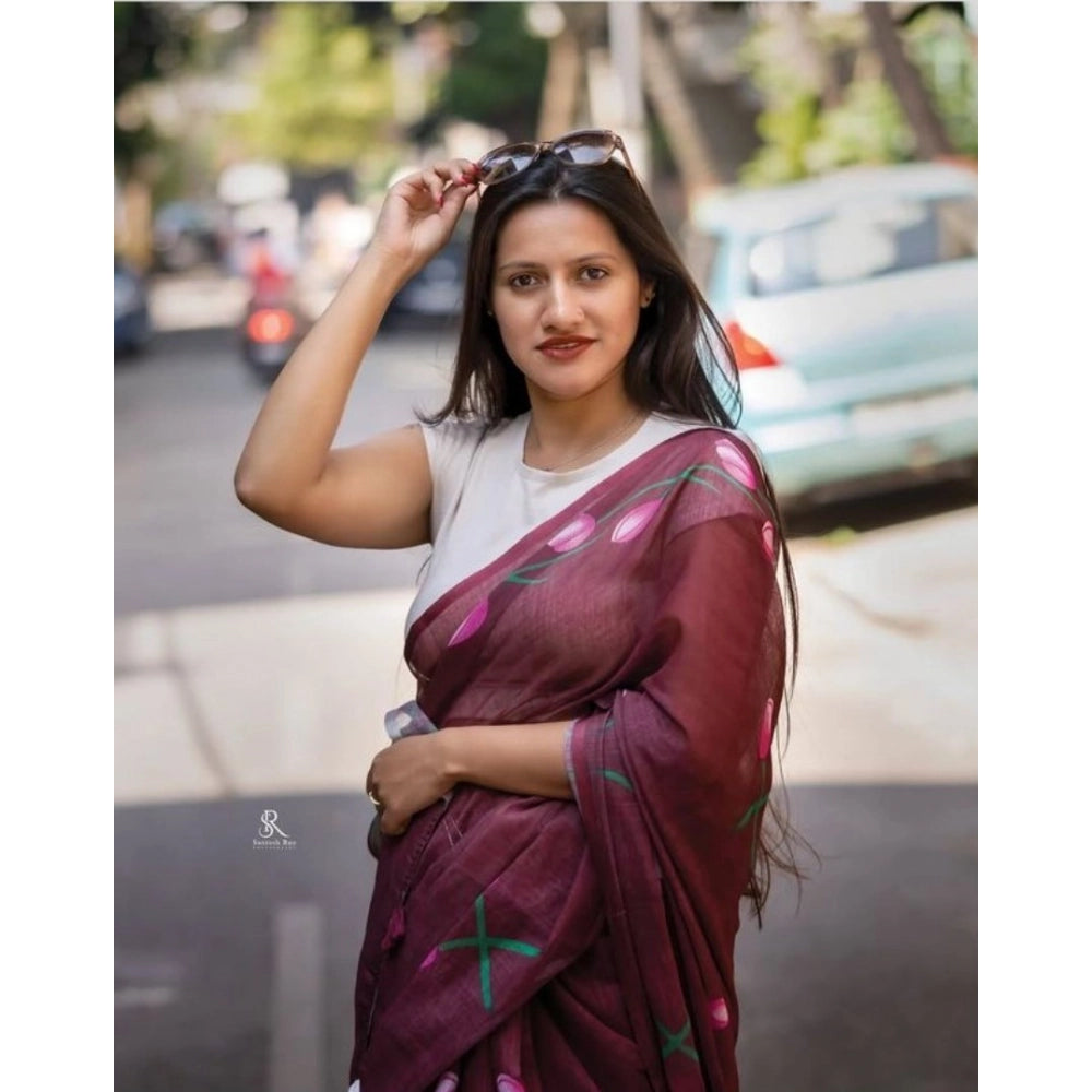 Women's Linen Printed Saree With Unstitched Blouse 5.5Mtr  (Brown)
