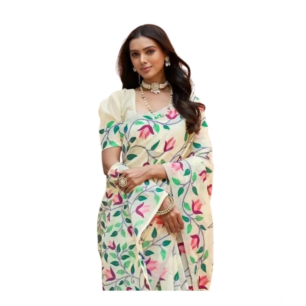 Women's Georgette Printed Saree With Unstitched Blouse 5.5Mtr  (Cream)