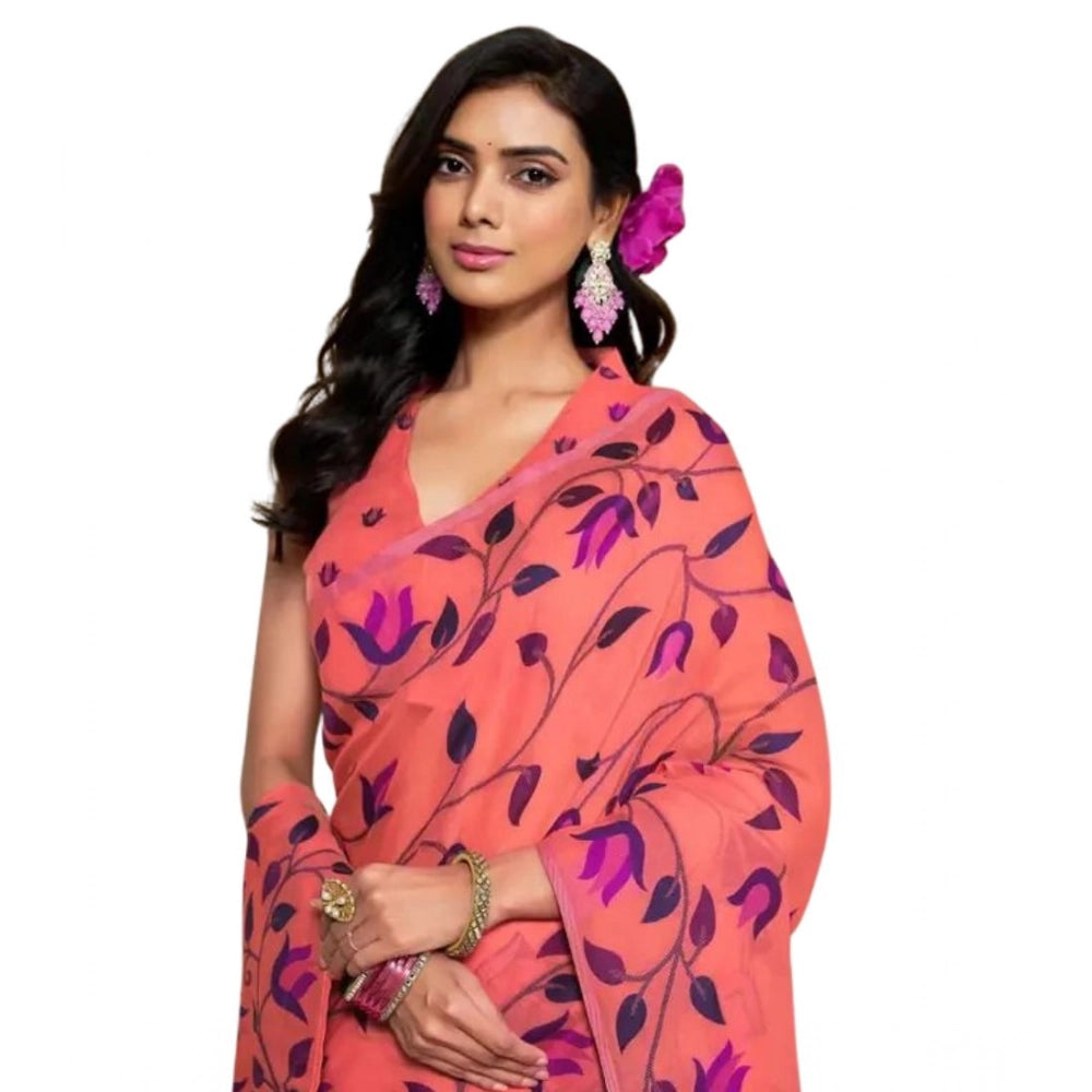 Women's Georgette Printed Saree With Unstitched Blouse 5.5Mtr  (Peach)
