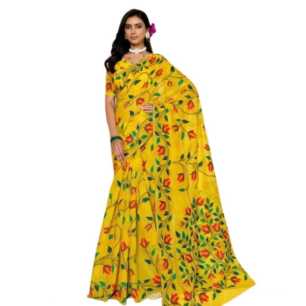 Women's Georgette Printed Saree With Unstitched Blouse 5.5Mtr  (Yellow)