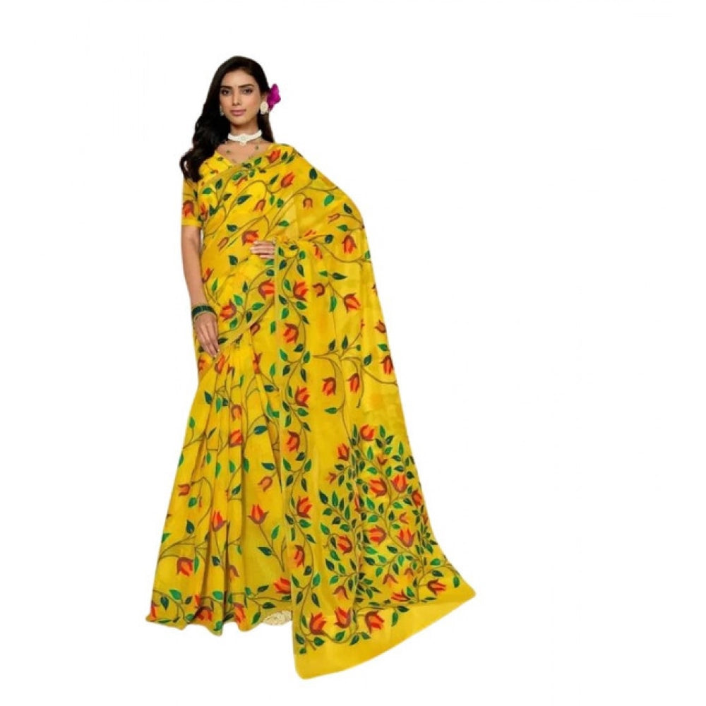 Women's Georgette Printed Saree With Unstitched Blouse 5.5Mtr  (Yellow)