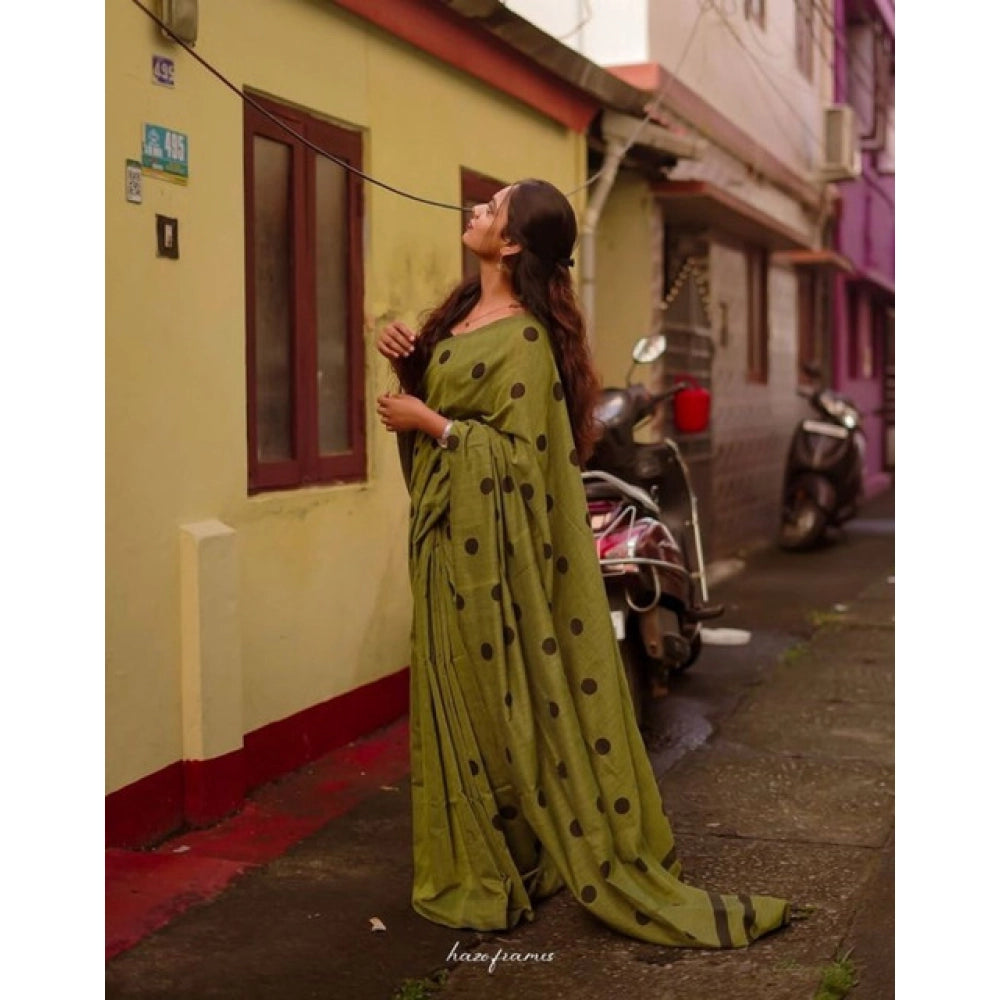 Women's Linen Printed Saree With Unstitched Blouse 5.5Mtr  (Green)