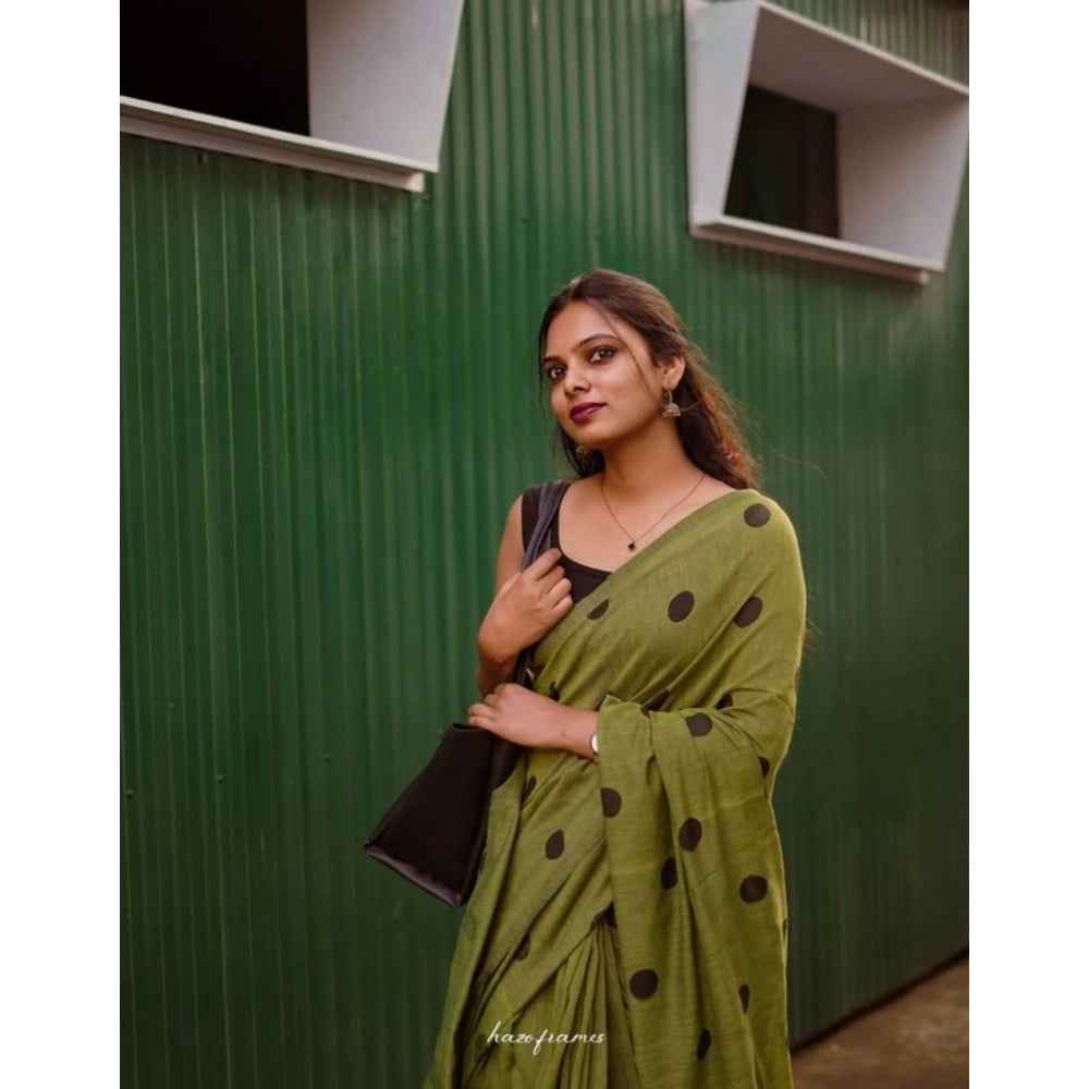 Women's Linen Printed Saree With Unstitched Blouse 5.5Mtr  (Green)