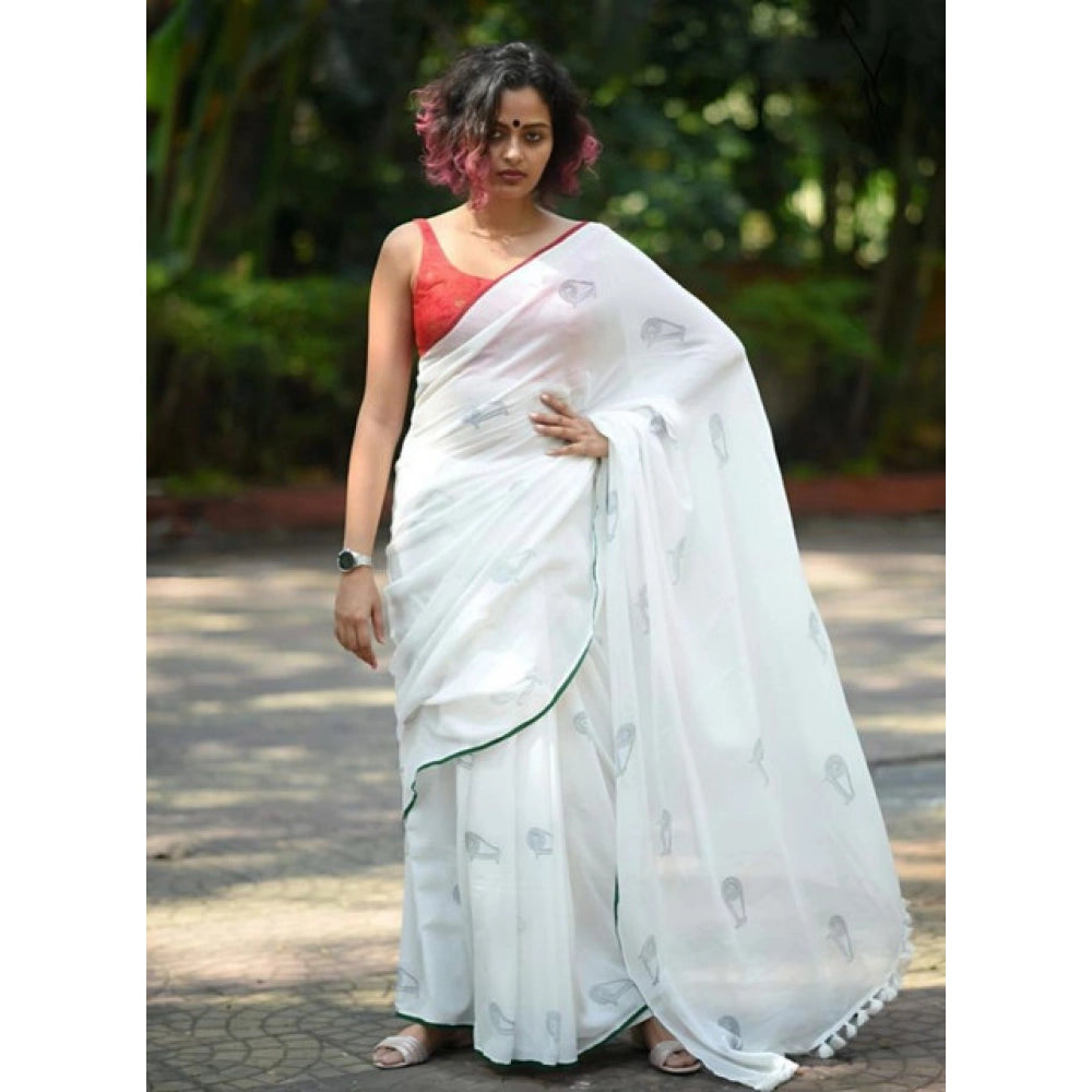 Women's Linen Printed Saree With Unstitched Blouse 5.5Mtr  (White)