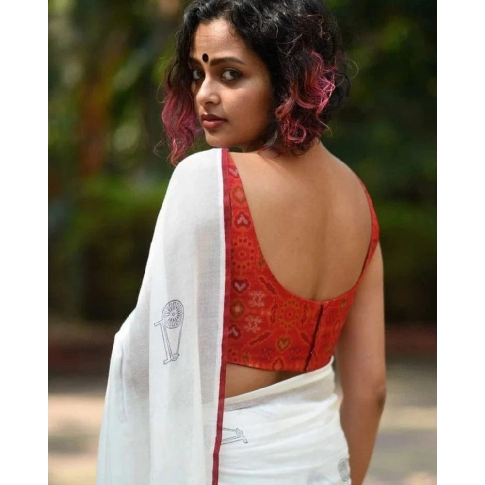 Women's Linen Printed Saree With Unstitched Blouse 5.5Mtr  (White)