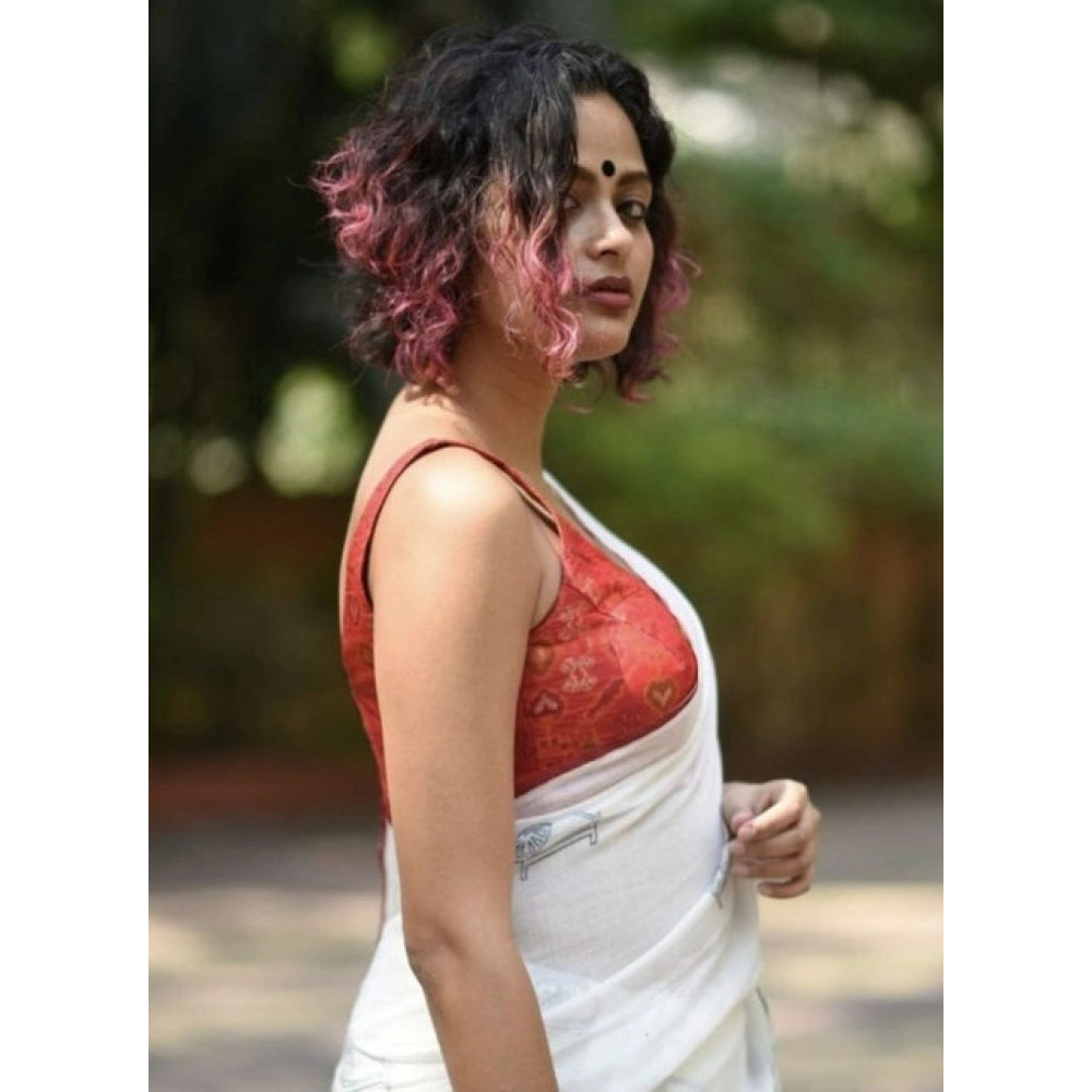 Women's Linen Printed Saree With Unstitched Blouse 5.5Mtr  (White)