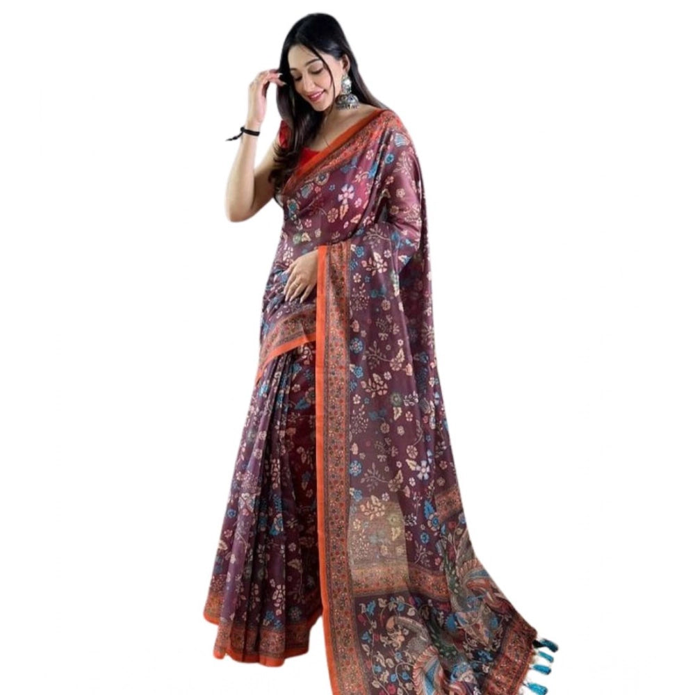 Women's Linen Printed Saree With Unstitched Blouse 5.5Mtr  (Brown)