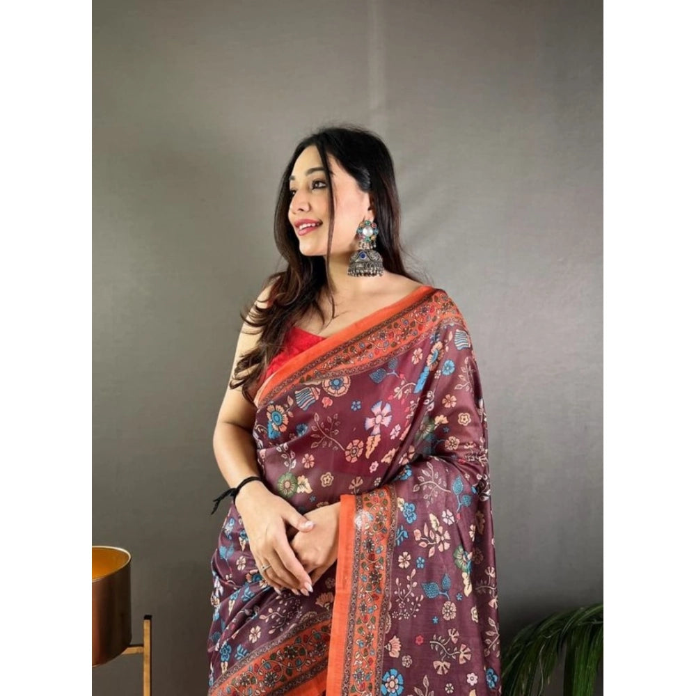 Women's Linen Printed Saree With Unstitched Blouse 5.5Mtr  (Brown)