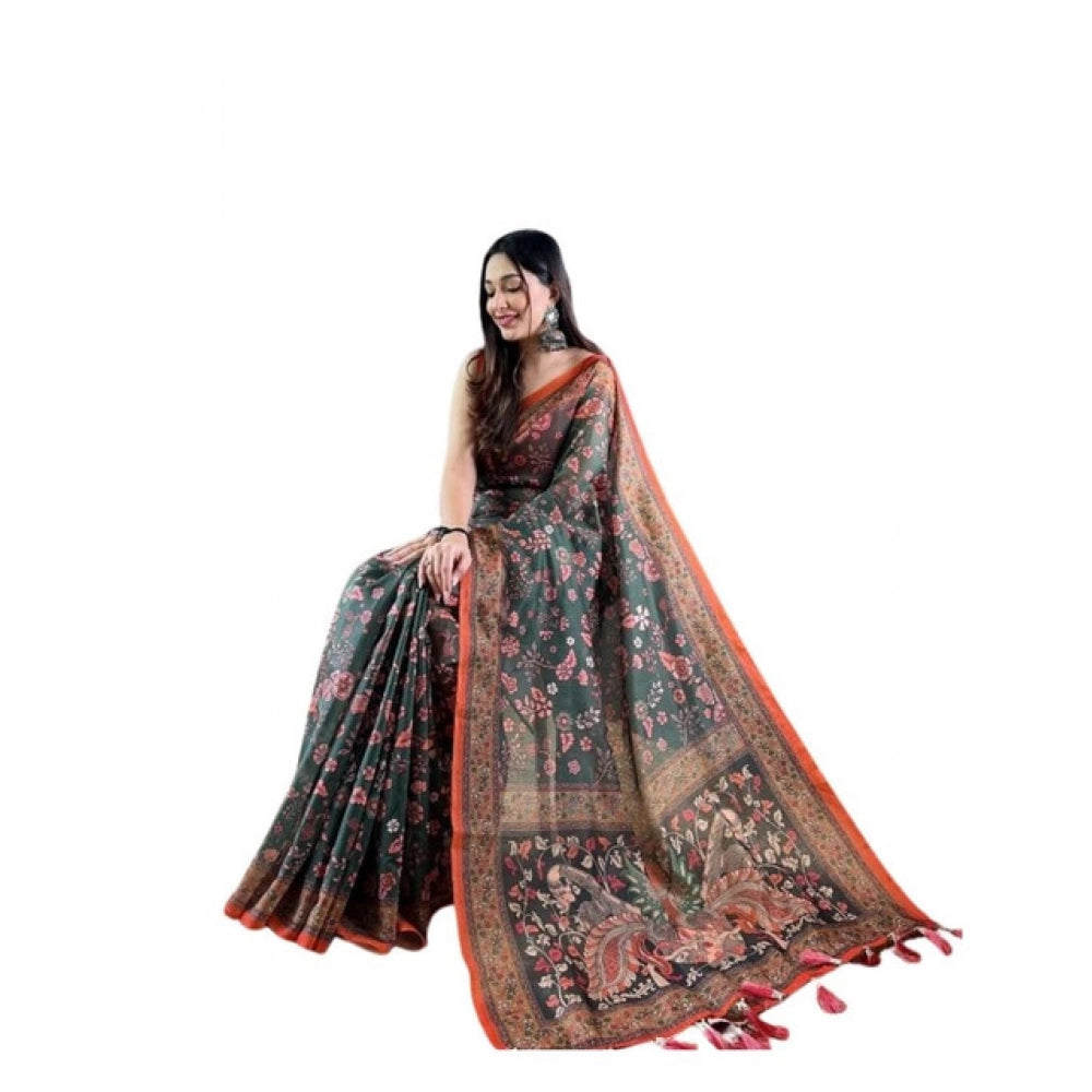 Women's Linen Printed Saree With Unstitched Blouse 5.5Mtr  (Green)