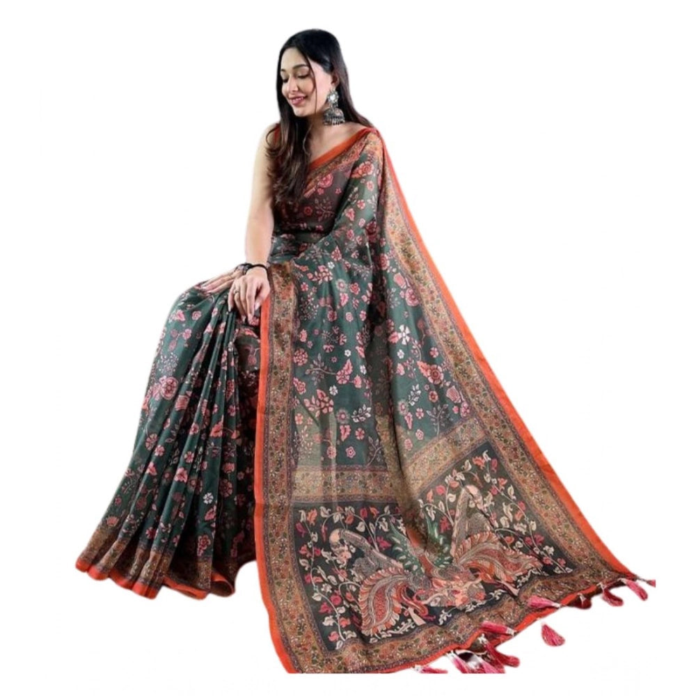 Women's Linen Printed Saree With Unstitched Blouse 5.5Mtr  (Green)