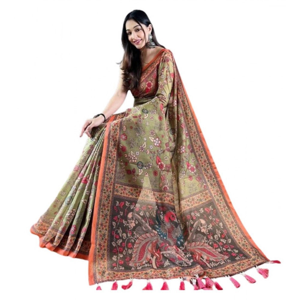 Women's Linen Printed Saree With Unstitched Blouse 5.5Mtr  (Sea Green)